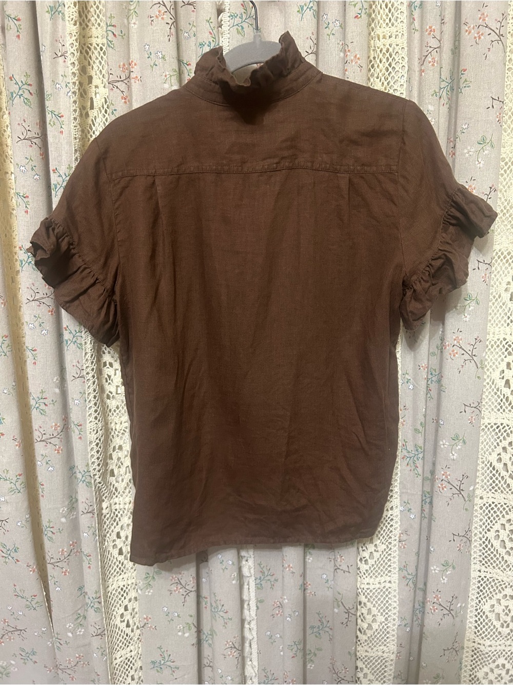 2/$28 J.Crew Brown Linen Ruffle Collar Cottagecore Blouse Size 4 - Picture 5 of 5